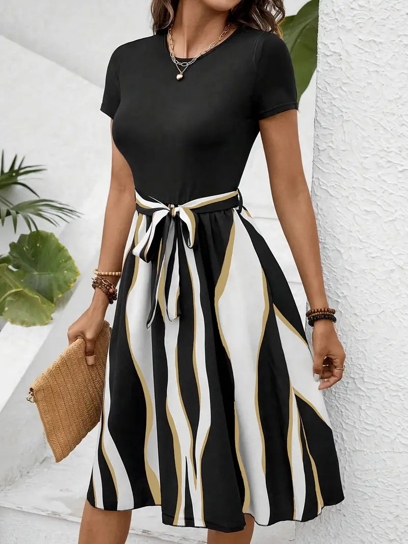 – kleid mit gestreiftem print und taillenschnürung für frühling und sommer