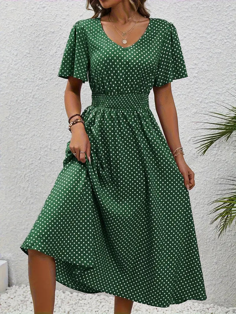 – allover-print-kurzarmkleid mit geraffter taille für frühling und sommer