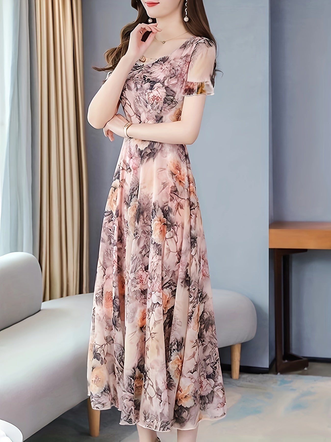 Blumen Druck Rundhalsausschnitt Kleid