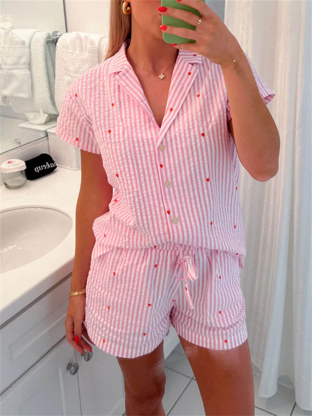 WW | Zweiteiliges Pyjama Satz Mit Hemd Mit Knopfleiste Und Kurze Hosen Mit Elastischer Taille