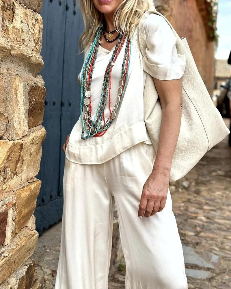 Merche V-Ausschnitt Sommer Set mit einfarbigem Design