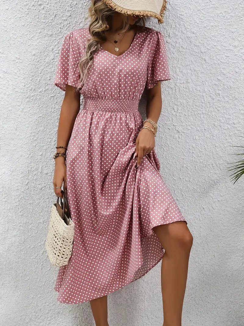 – allover-print-kurzarmkleid mit geraffter taille für frühling und sommer