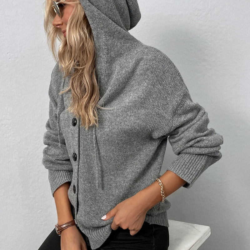 WW | Wollstrickjacke Damen Mit Kapuze Und Knopfleiste, Lässiger Stil