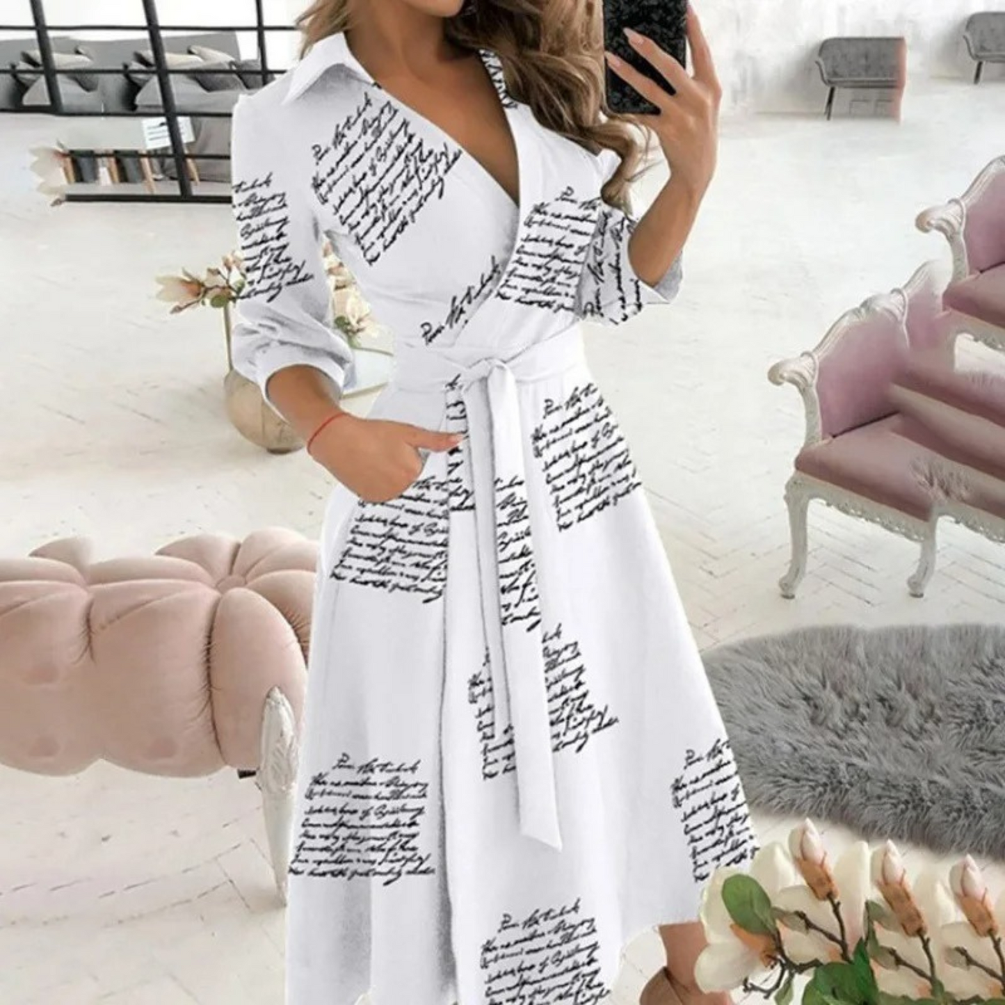 WW | Weiße Gepolsterte Reversband Bequeme Blusenkleid