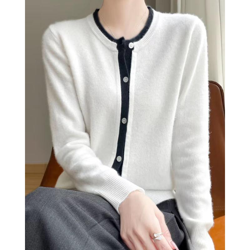 WW | Zweifarbige Wollstrickjacke Damen Mit Rundhalsausschnitt Und Knopfleiste