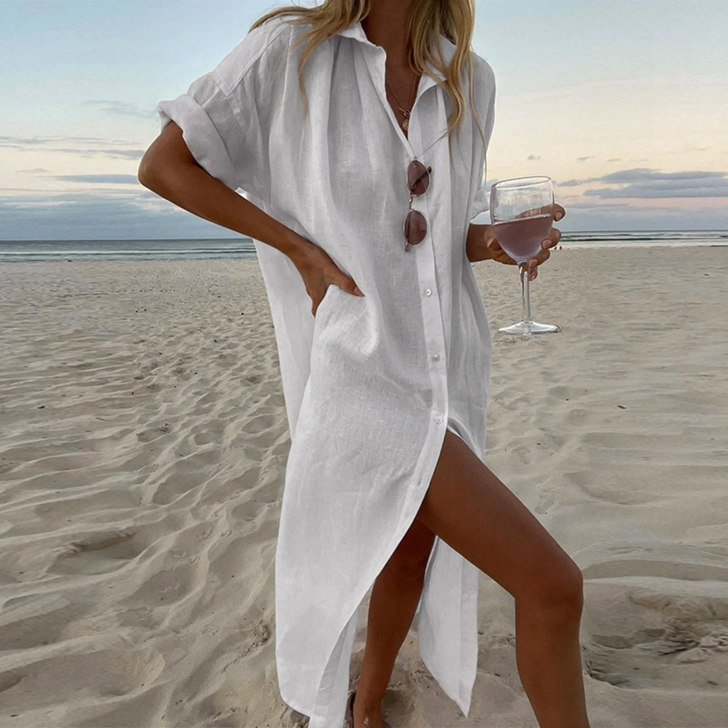 WW | Weiße Einfache Baumwollbluse Kleid Mit Umschlagkragen