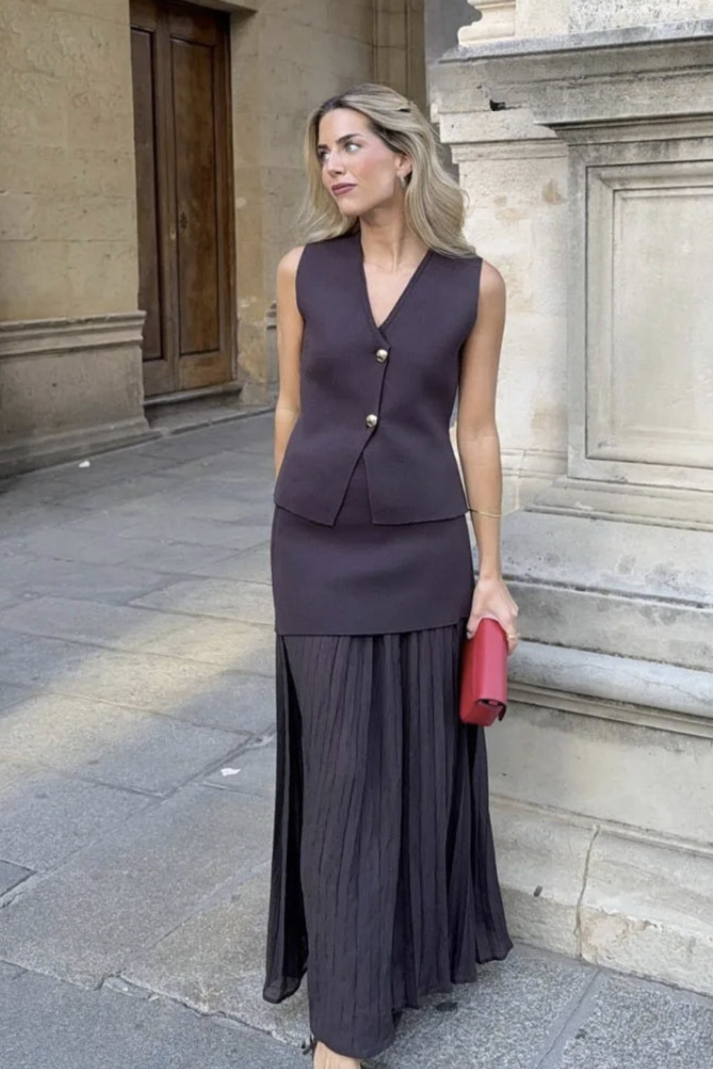 WW | Elegantes Zweiteiliges Schwarzes V-ausschnitt Ärmelloses Oberteil & Hohe Taille Geschichteter Rock Satz