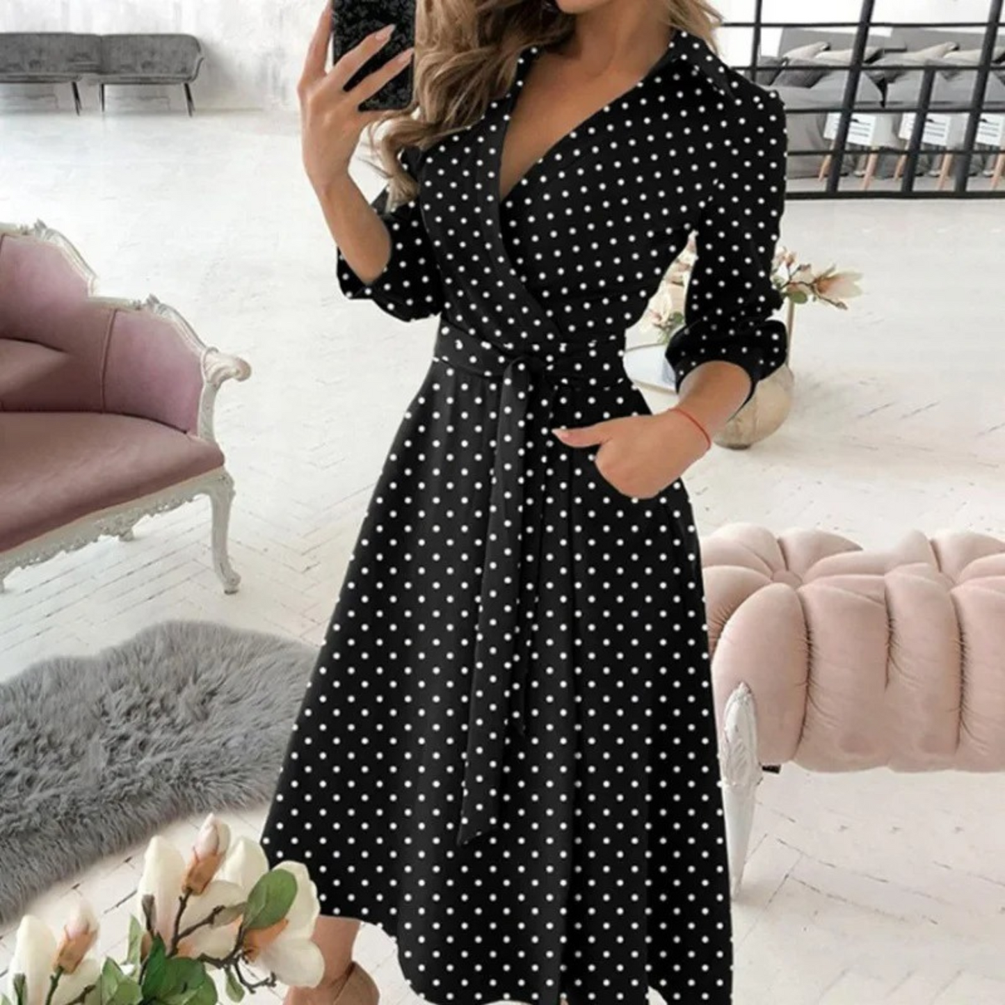 WW | Weiße Gepolsterte Reversband Bequeme Blusenkleid