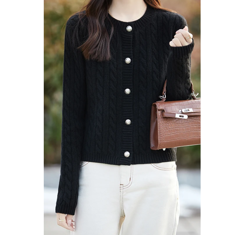 WW | Wollstrickjacke Damen Mit Zopfmuster Und Rundhalsausschnitt, Knopfleiste