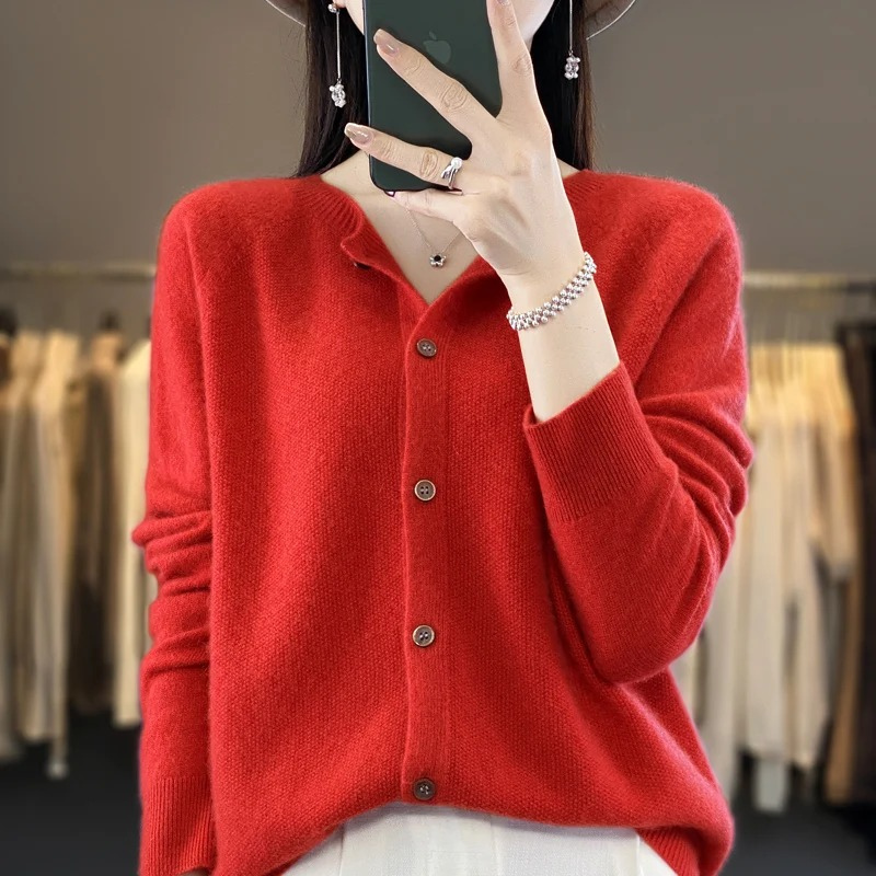 WW | Wollstrickjacke Damen Mit Rundhalsausschnitt Und Knopfleiste