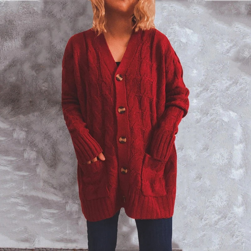 WW | Wollstrickjacke Damen Mit Zopfmuster Und Holzknöpfen, Lockere