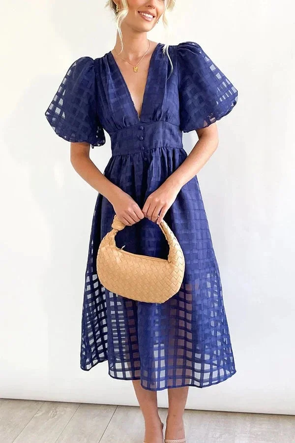 – Beauty-Midikleid aus Stoff mit quadratischem Print und Puffärmeln