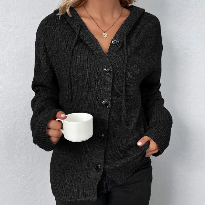 WW | Wollstrickjacke Damen Mit Kapuze Und Knopfleiste, Lässiger Stil