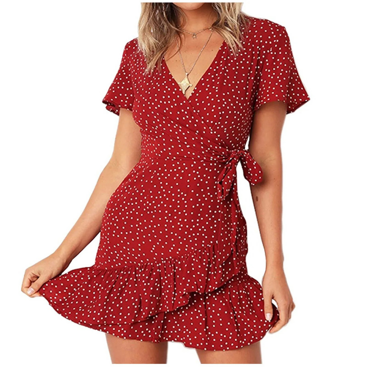 Merche Sommerkleid mit V-Ausschnitt und rotem Tupfenmuster