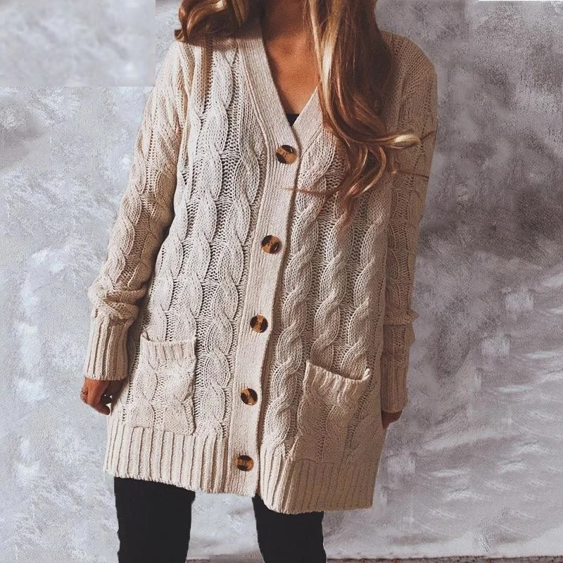 WW | Wollstrickjacke Damen Mit Zopfmuster Und Holzknöpfen, Lockere