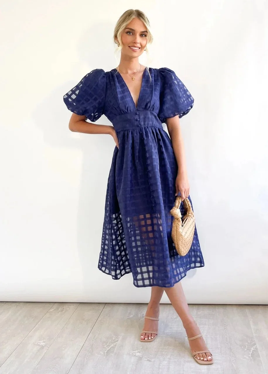 – Beauty-Midikleid aus Stoff mit quadratischem Print und Puffärmeln