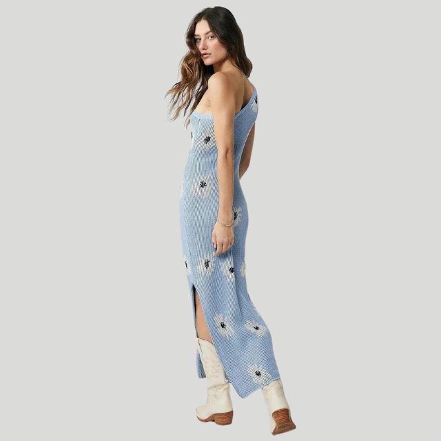 Ein-Schulter Strickkleid mit Blumenmuster