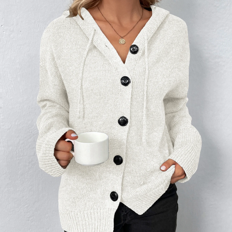 WW | Wollstrickjacke Damen Mit Kapuze Und Knopfleiste, Lässiger Stil