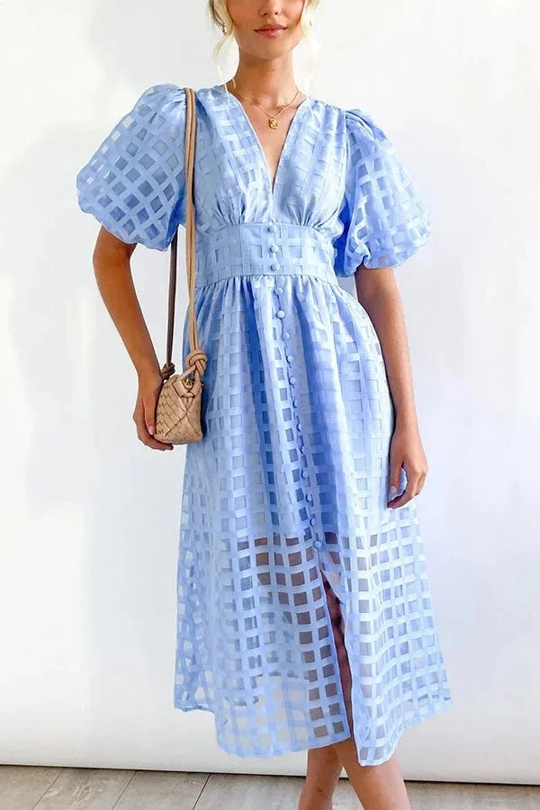 – Beauty-Midikleid aus Stoff mit quadratischem Print und Puffärmeln