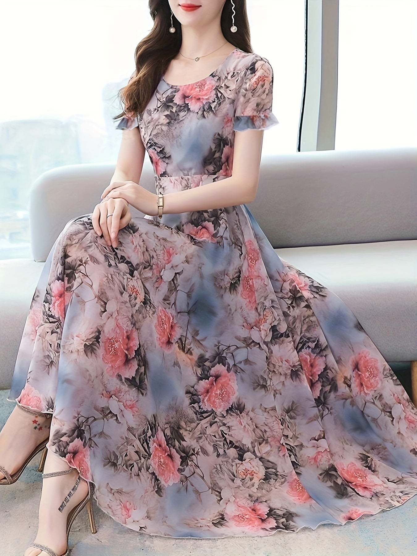 Blumen Druck Rundhalsausschnitt Kleid