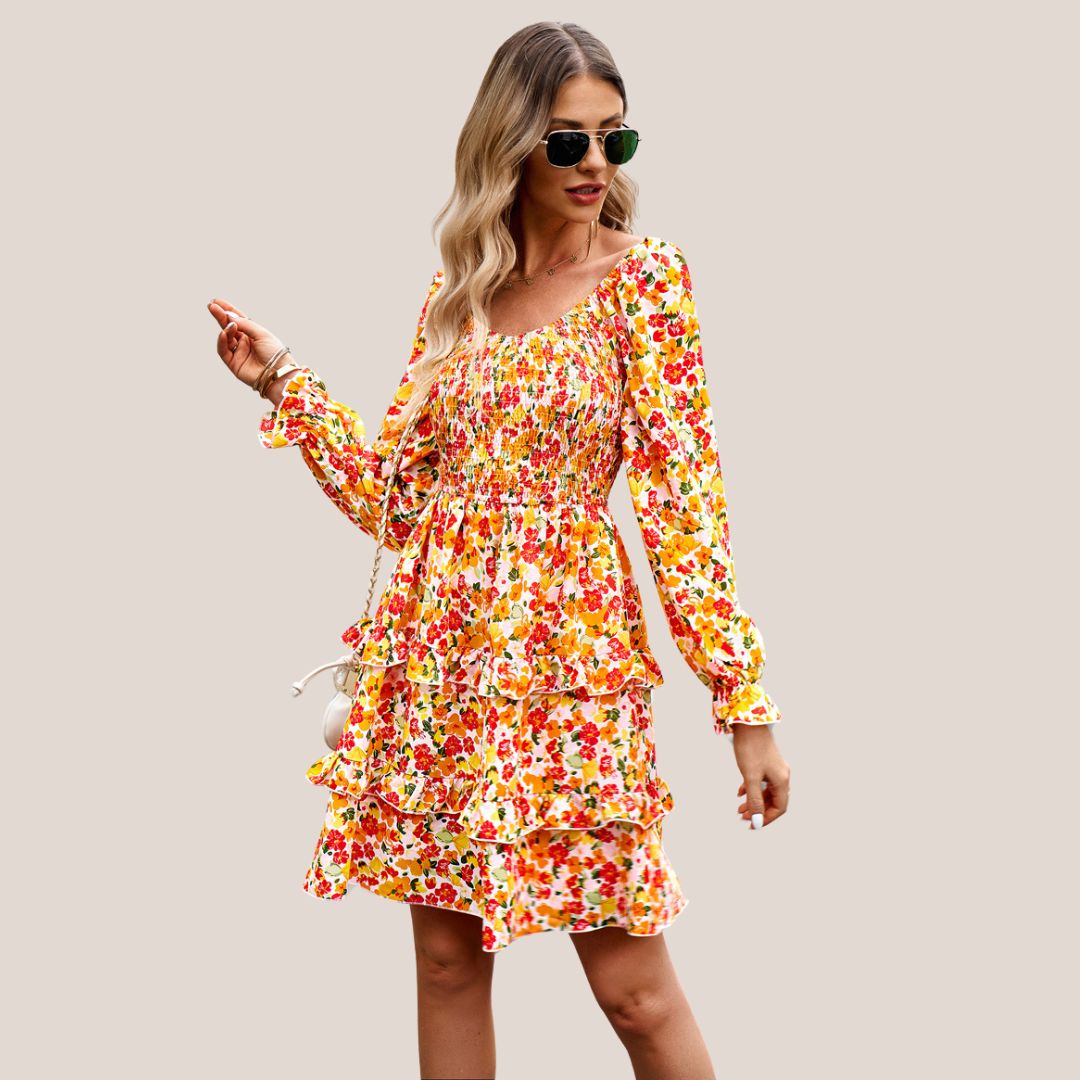 Blumiges Rüschiges Langarmkleid