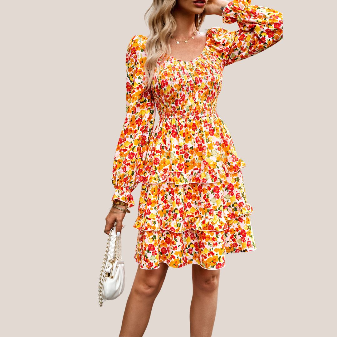 Blumiges Rüschiges Langarmkleid