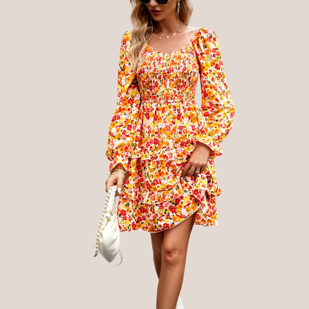 Blumiges Rüschiges Langarmkleid