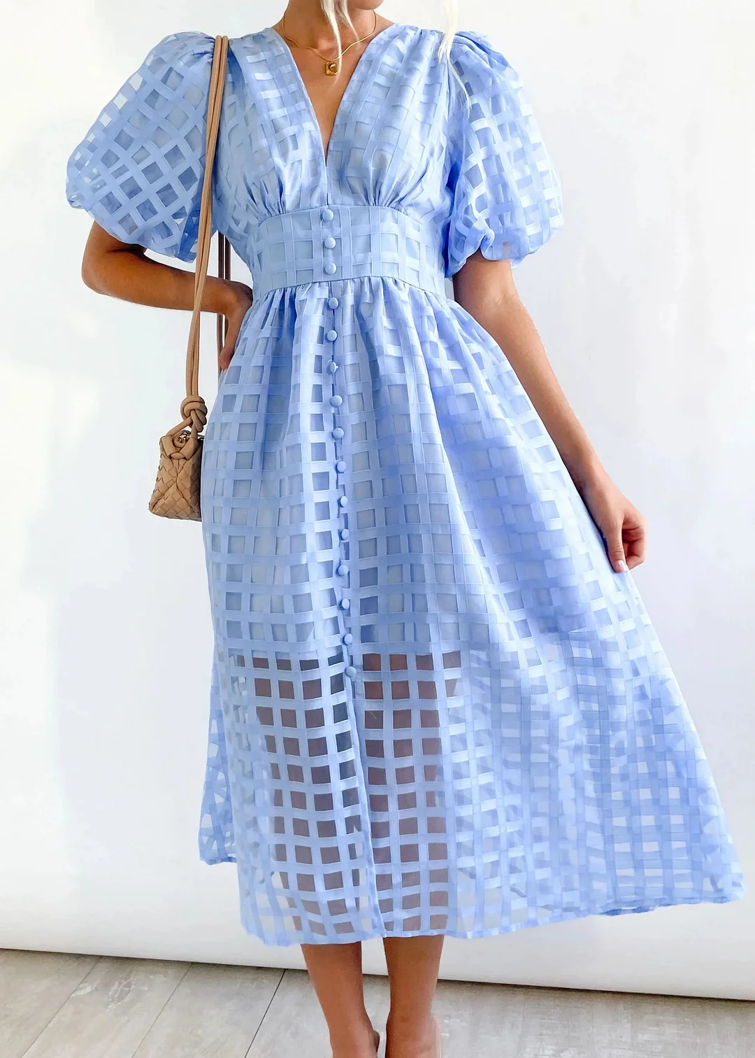 – Beauty-Midikleid aus Stoff mit quadratischem Print und Puffärmeln