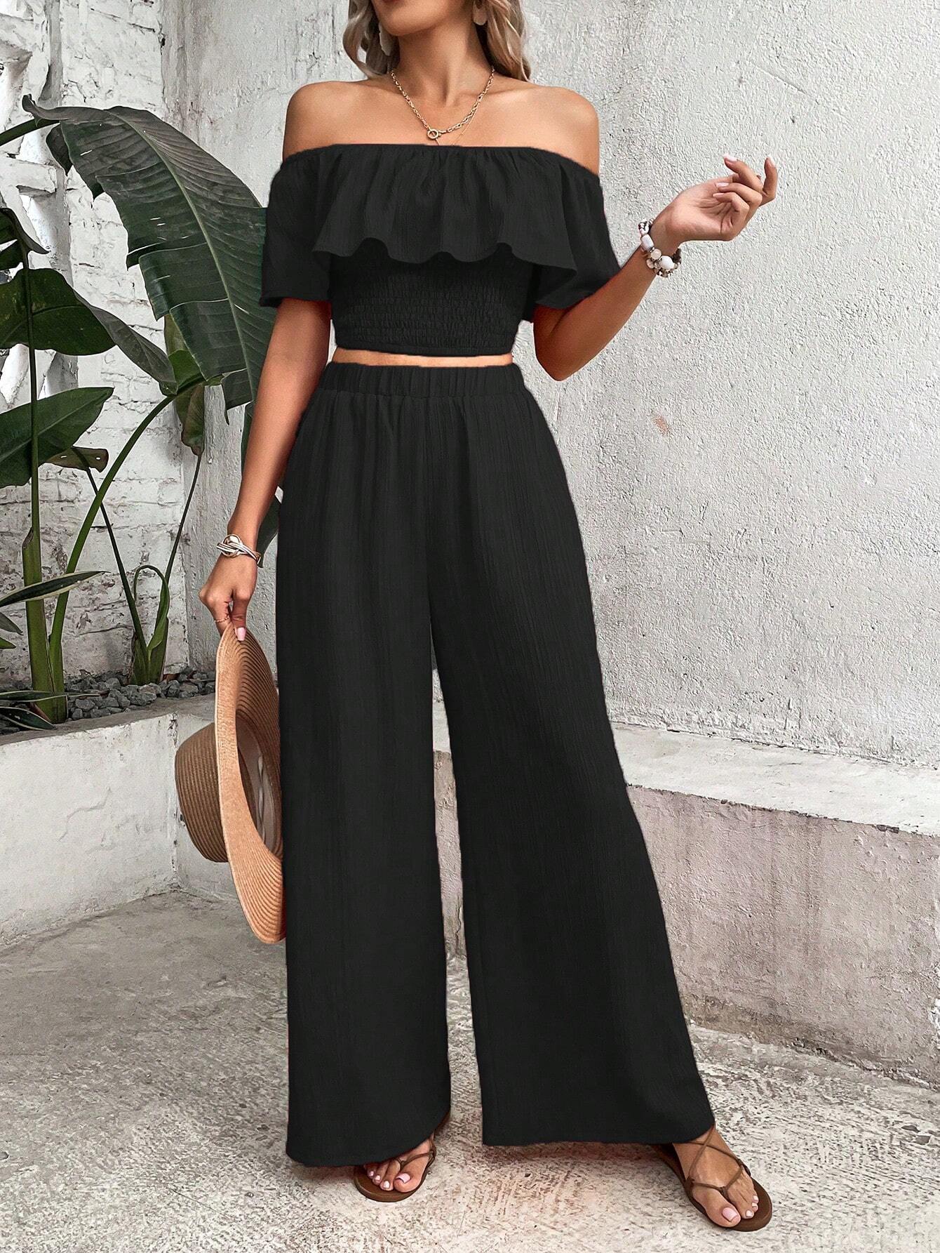 WW | Schulter Rüsche Besatz Crop Top & Weite Beinform Hosen