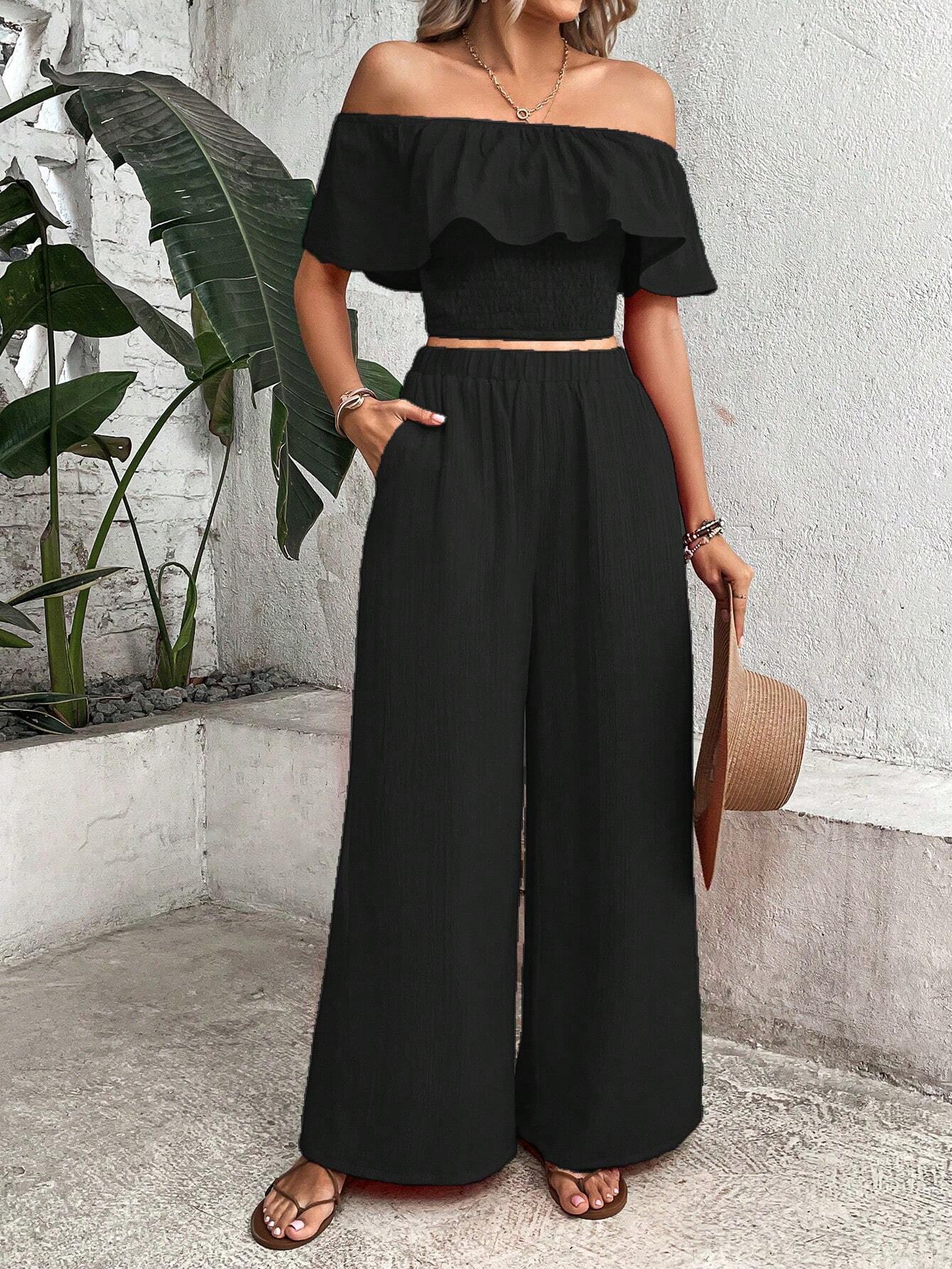 WW | Schulter Rüsche Besatz Crop Top & Weite Beinform Hosen