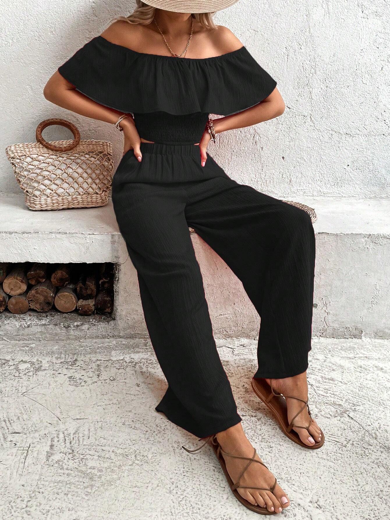 WW | Schulter Rüsche Besatz Crop Top & Weite Beinform Hosen