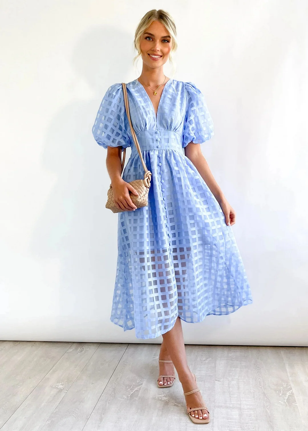– Beauty-Midikleid aus Stoff mit quadratischem Print und Puffärmeln