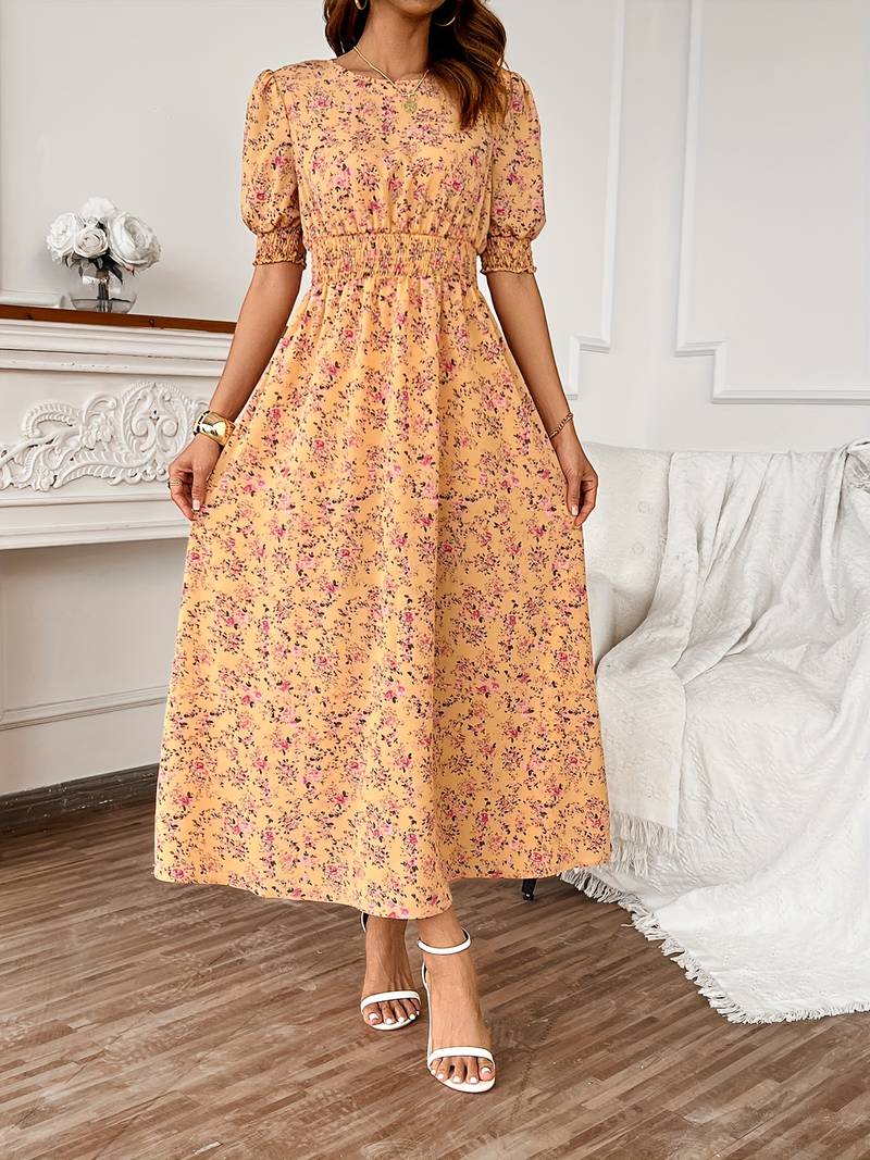 – kleid mit blumendruck und rundhalsausschnitt für frühling und sommer