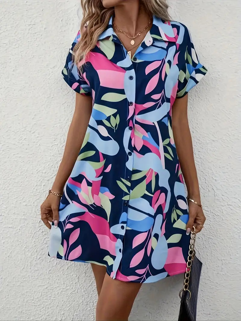 bluse-kleid mit buntem Druck und kurzen Ärmeln | Phoebe