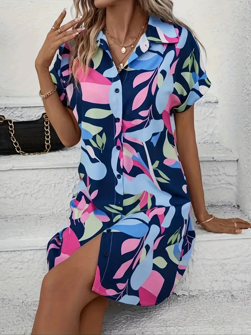 bluse-kleid mit buntem Druck und kurzen Ärmeln | Phoebe