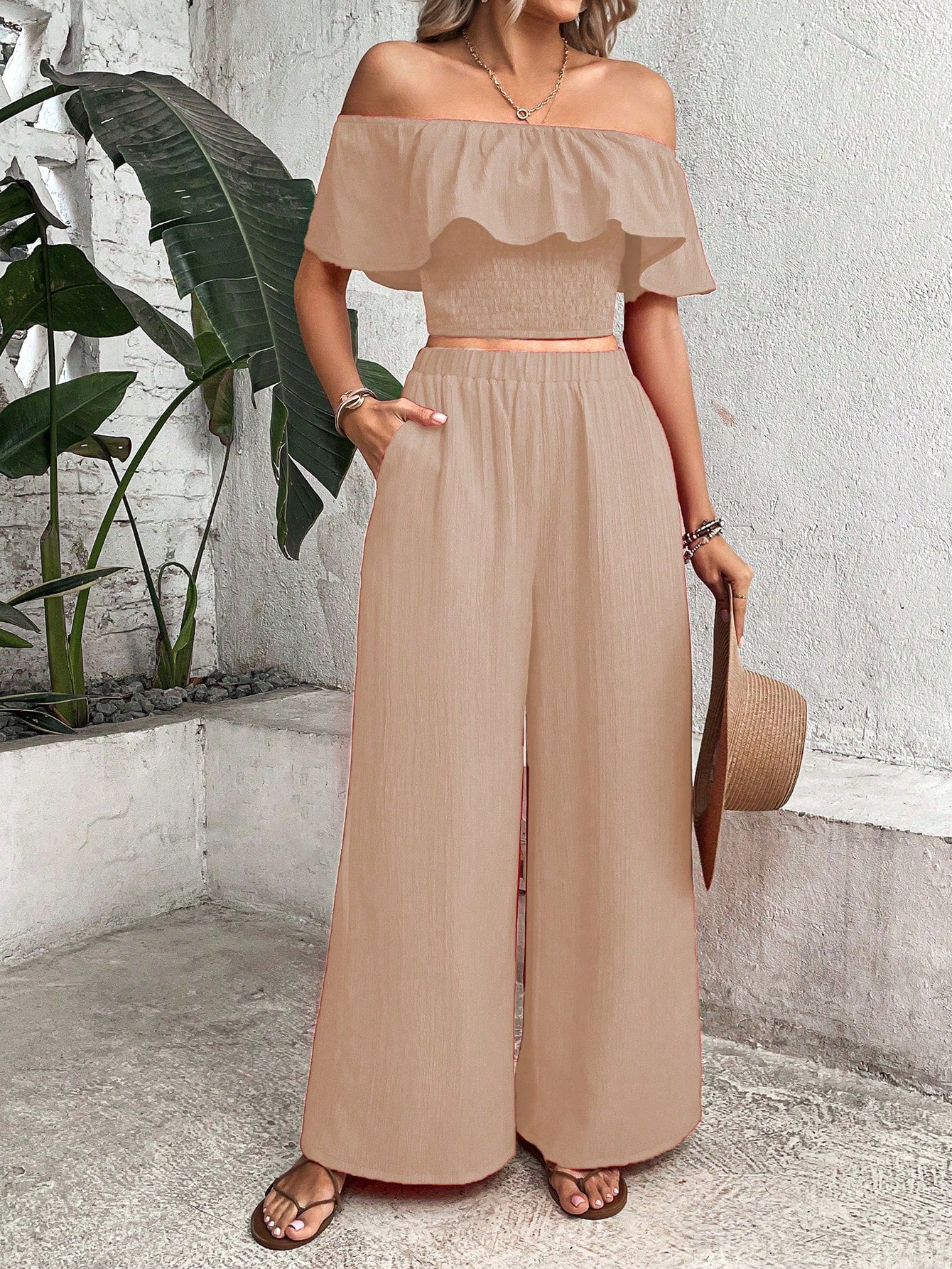 WW | Schulter Rüsche Besatz Crop Top & Weite Beinform Hosen