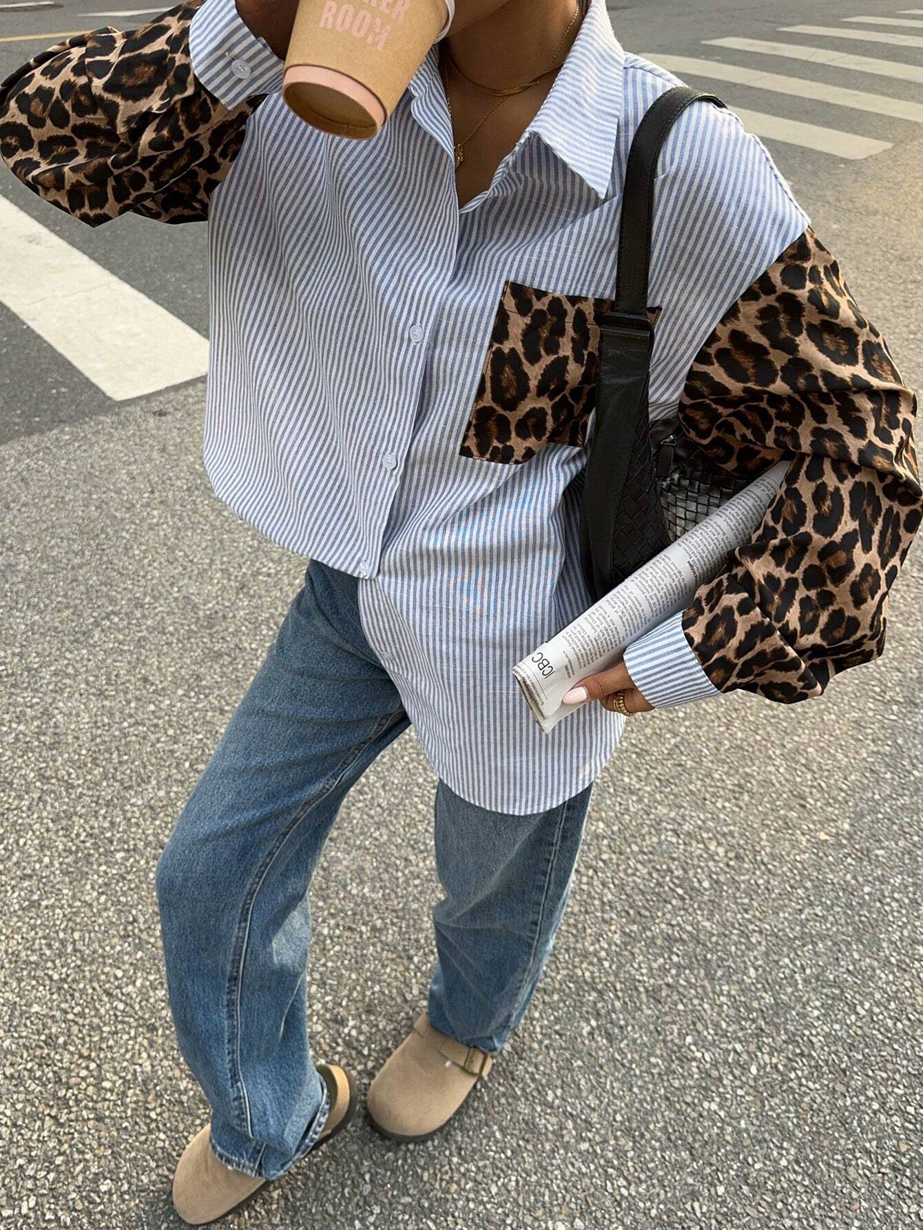 WW | Gaze Frauen Leoparden Patchwork Gestreifte Lange Ärmel Freizeitbluse, Retro Frauen Blusen, Herbst Frauen Kleider, Frauen Hemden, Formelle Frauen Kleider, Street Style Hemden, Leoparden Hemden