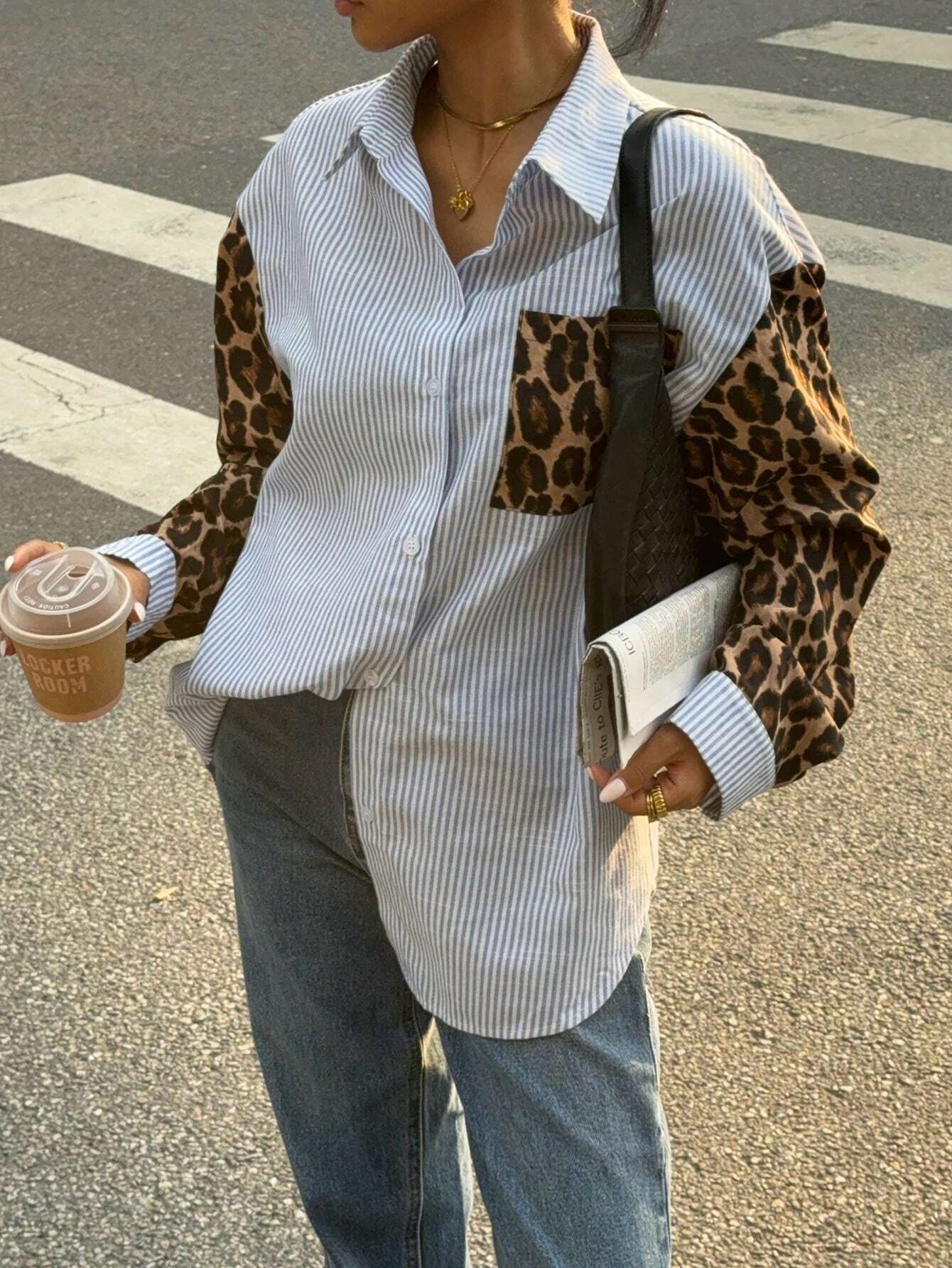 WW | Gaze Frauen Leoparden Patchwork Gestreifte Lange Ärmel Freizeitbluse, Retro Frauen Blusen, Herbst Frauen Kleider, Frauen Hemden, Formelle Frauen Kleider, Street Style Hemden, Leoparden Hemden
