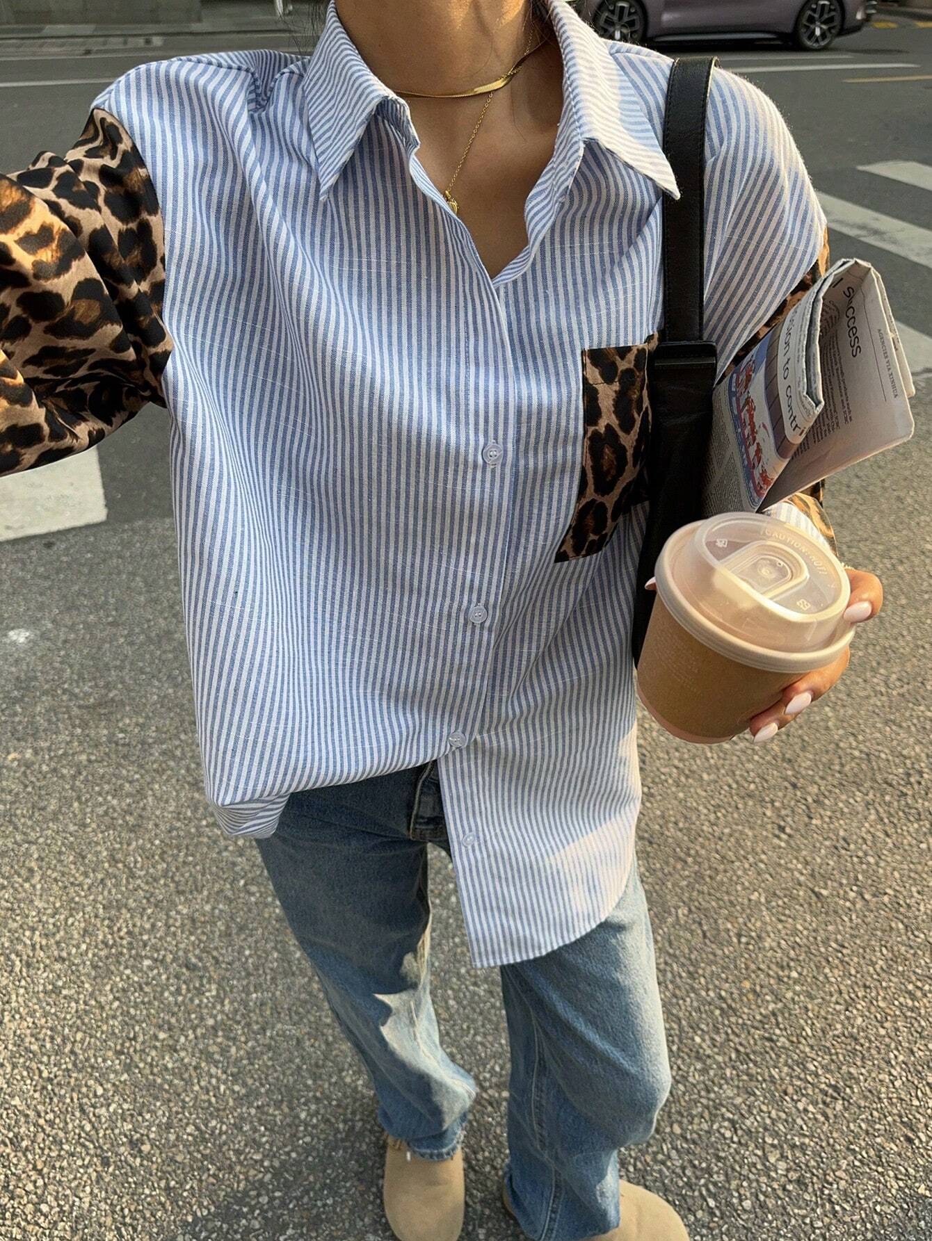 WW | Gaze Frauen Leoparden Patchwork Gestreifte Lange Ärmel Freizeitbluse, Retro Frauen Blusen, Herbst Frauen Kleider, Frauen Hemden, Formelle Frauen Kleider, Street Style Hemden, Leoparden Hemden