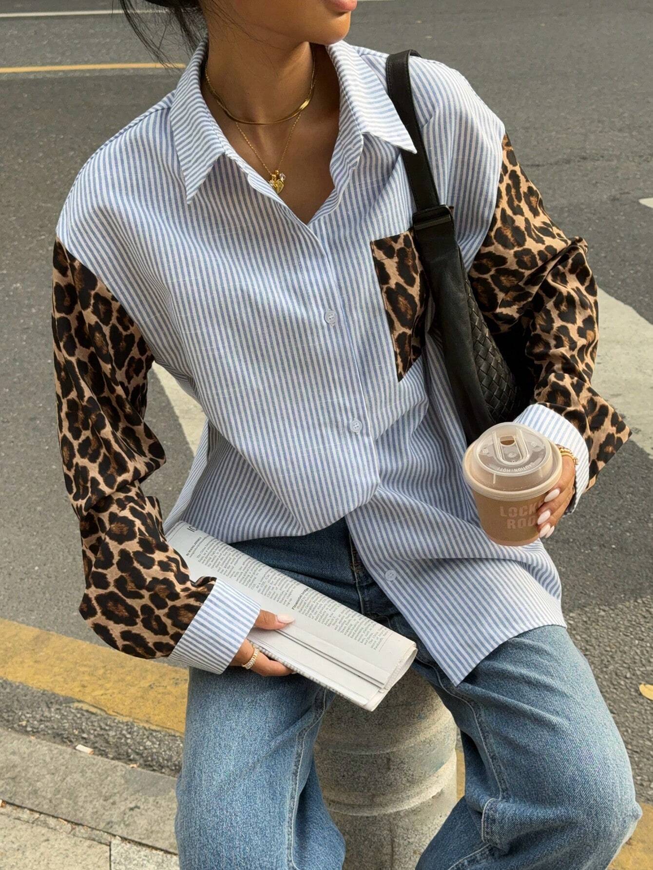 WW | Gaze Frauen Leoparden Patchwork Gestreifte Lange Ärmel Freizeitbluse, Retro Frauen Blusen, Herbst Frauen Kleider, Frauen Hemden, Formelle Frauen Kleider, Street Style Hemden, Leoparden Hemden