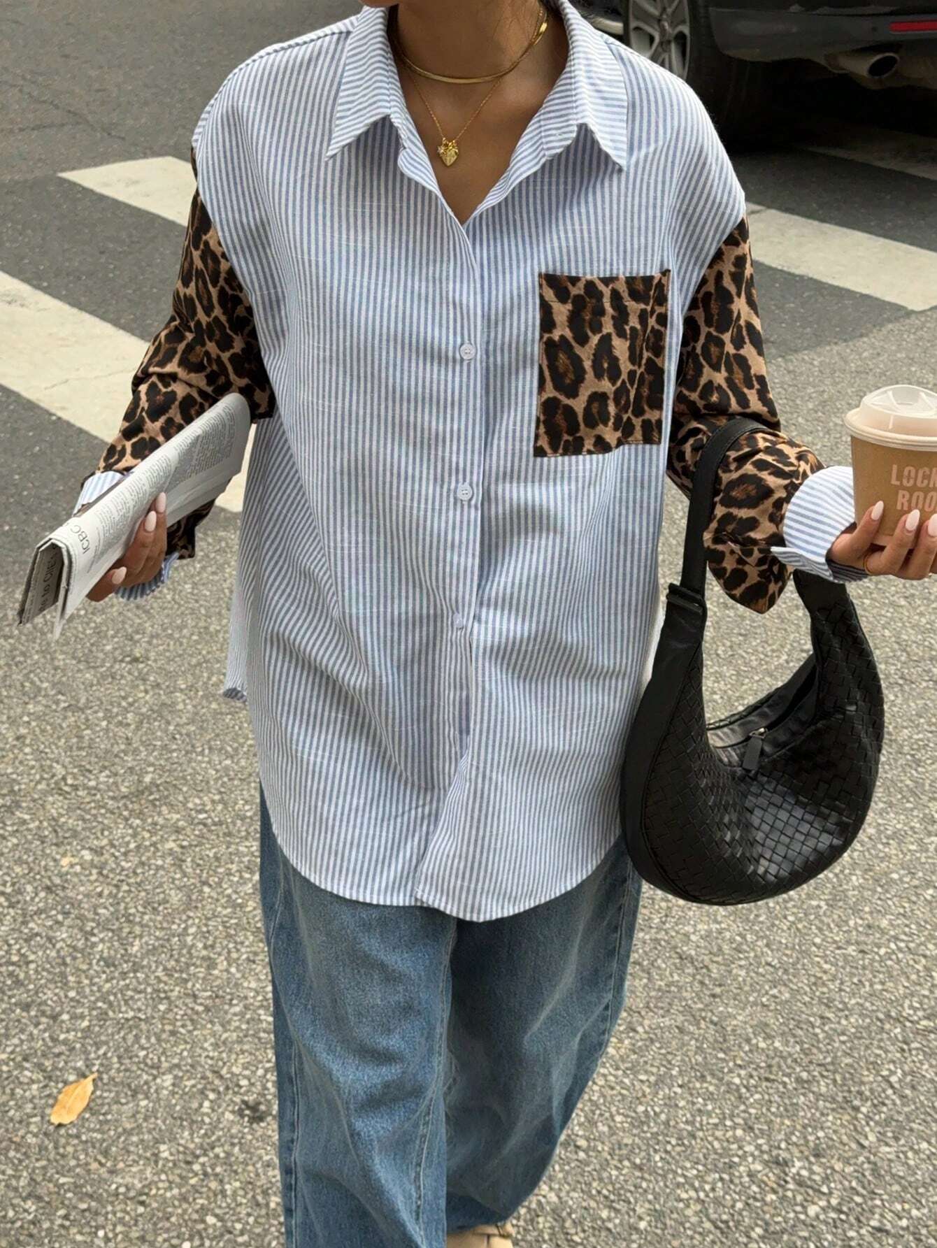 WW | Gaze Frauen Leoparden Patchwork Gestreifte Lange Ärmel Freizeitbluse, Retro Frauen Blusen, Herbst Frauen Kleider, Frauen Hemden, Formelle Frauen Kleider, Street Style Hemden, Leoparden Hemden