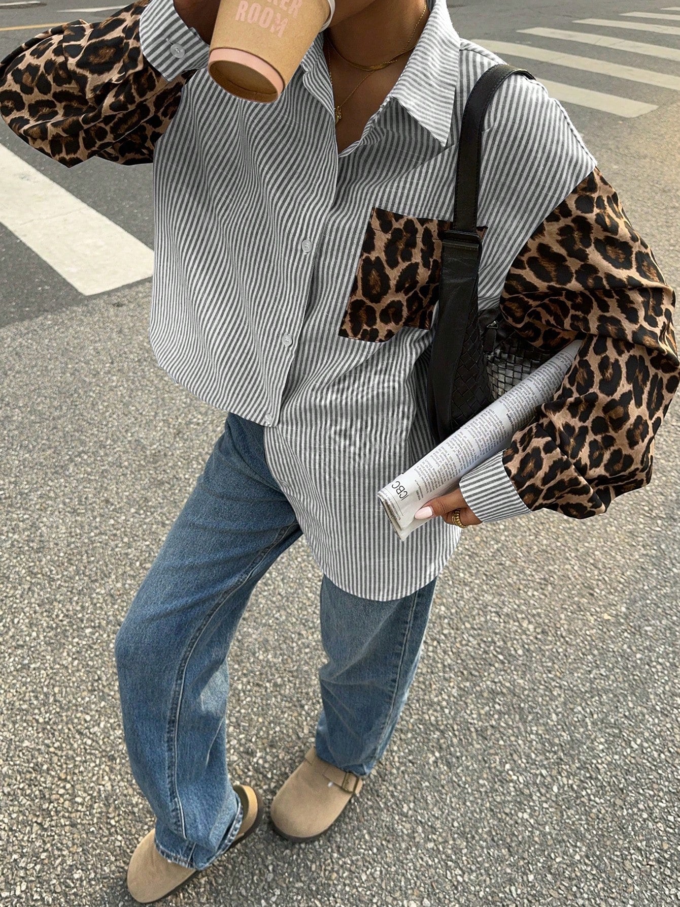 WW | Gaze Frauen Leoparden Patchwork Gestreifte Lange Ärmel Freizeitbluse, Retro Frauen Blusen, Herbst Frauen Kleider, Frauen Hemden, Formelle Frauen Kleider, Street Style Hemden, Leoparden Hemden