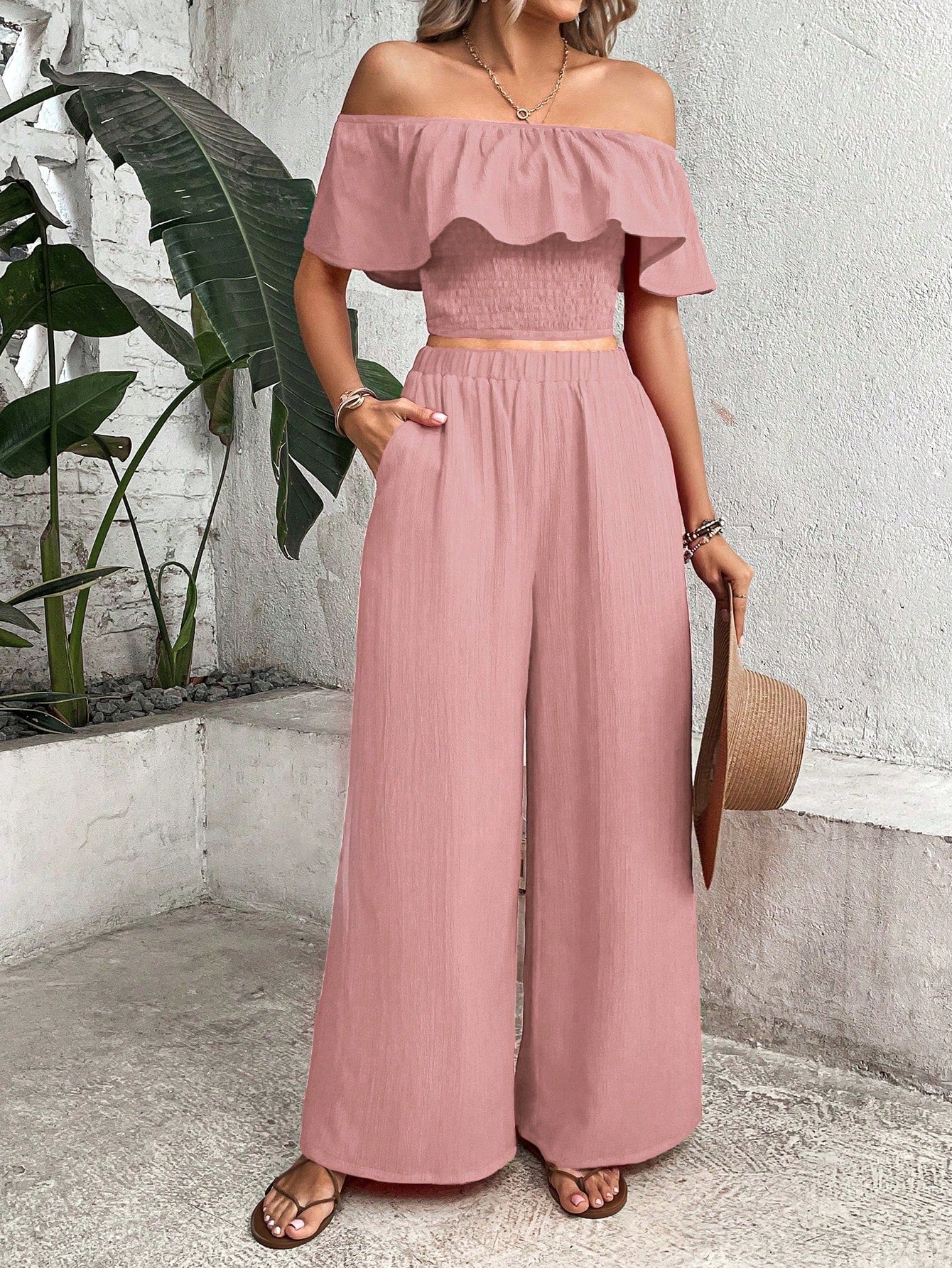 WW | Schulter Rüsche Besatz Crop Top & Weite Beinform Hosen