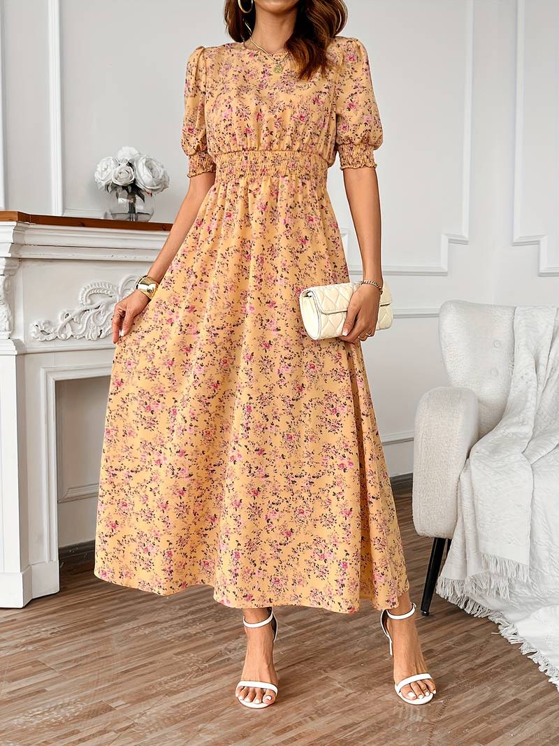 – kleid mit blumendruck und rundhalsausschnitt für frühling und sommer