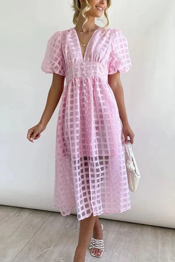 – Beauty-Midikleid aus Stoff mit quadratischem Print und Puffärmeln