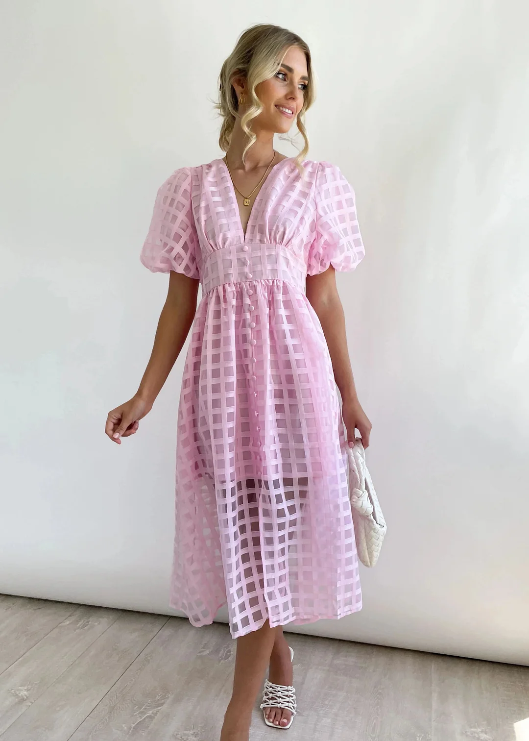 – Beauty-Midikleid aus Stoff mit quadratischem Print und Puffärmeln