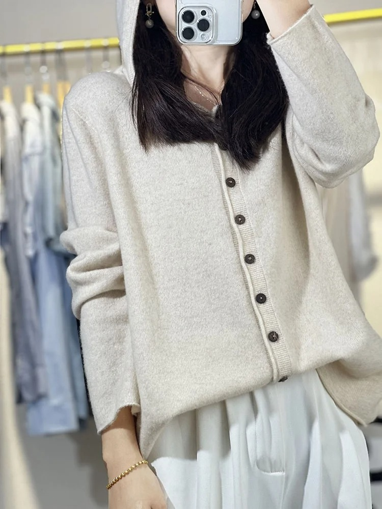 WW | Wollstrickjacke Damen Mit Kapuze Und Knopfleiste, Lässige Passform
