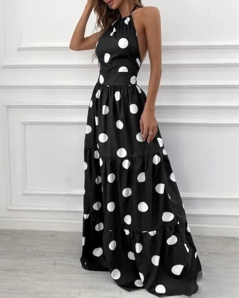 – Gerafftes Neckholder-Maxikleid mit Polka-Dot-Print