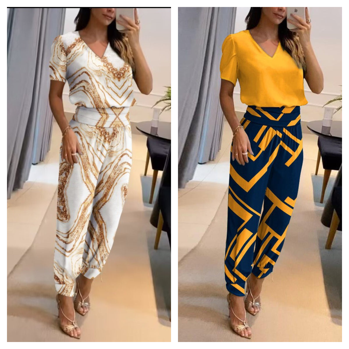 Merche zweiteiliges Set mit einem kurzärmeligen Oberteil mit V-Ausschnitt und einer langen Hose, ideal für Partys