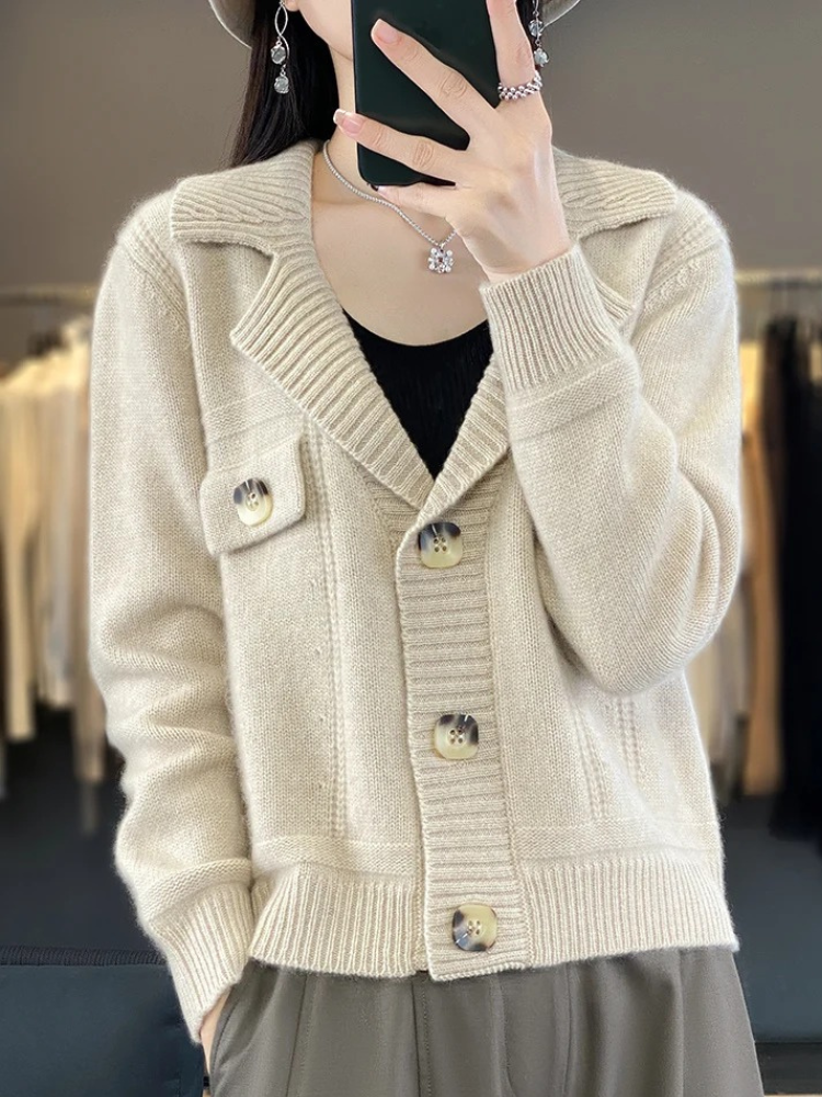 WW | Wollstrickjacke Damen Mit Breitem Kragen Und Großen Knöpfen